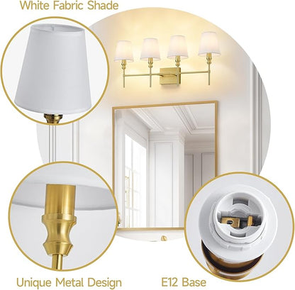 Bathroom Lights Over Mirror, 32.3 in 4-Light Bathroom Vanity Light, Brass Bathrooms Light Fixtures with Flared White Fabric Lampshade for Bedroom,Living Room,Dressing Table,Hardwired,E12 Base