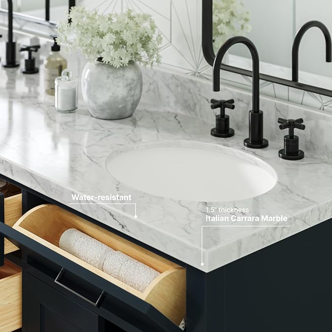 ARIEL Hepburn 66-inch Bathroom Vanity with Sink,Solid Wood, 1.5-inch Italian Carrara Marble Countertop, Double Oval Porcelain Sink, 4 Soft Closing Doors, 6 Dovetail Drawers, Midnight Blue