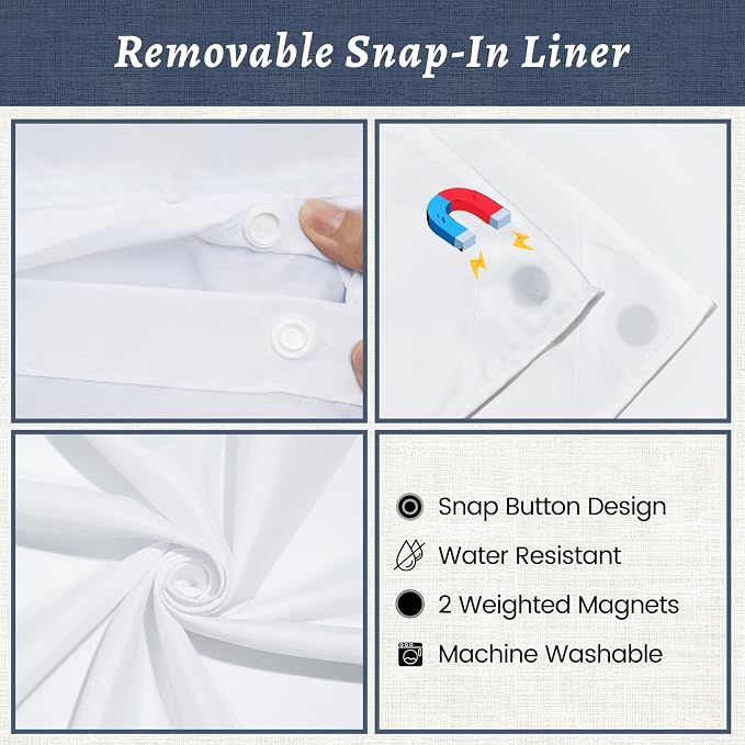 WONICY No Hook Shower Curtain with Snap-in Liner, Navy, 71 x 74 Inch | Ringless, Waterproof & Washable, Hotel Style, Mesh Top Window, Bottom Magnets, Thick, Farmhouse, for Bathroom
