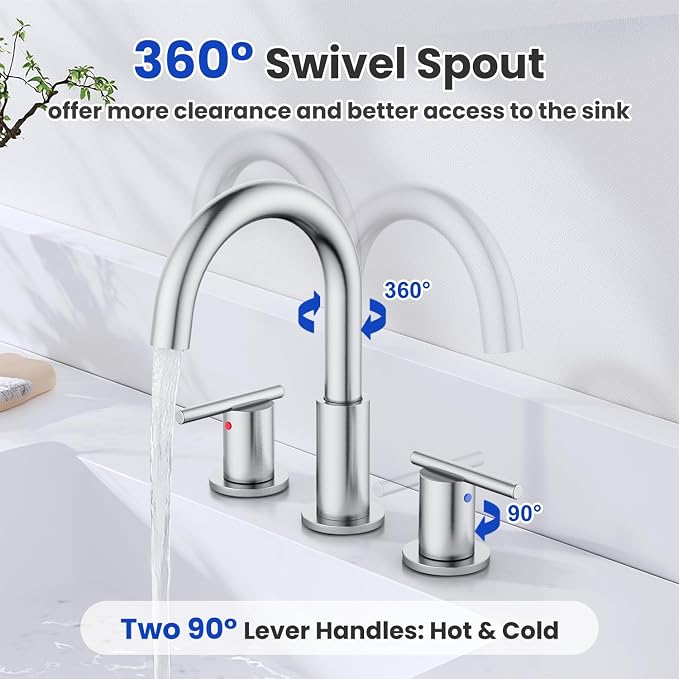 Bathroom Faucet 8 Inch, Brushed Nickel Widespread Sink Faucet | 360° rotating spout and pop-up drain for vanity, RV and outdoor sinks.