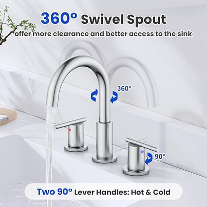 Bathroom Faucet 8 Inch, Brushed Nickel Widespread Sink Faucet | 360° rotating spout and pop-up drain for vanity, RV and outdoor sinks.