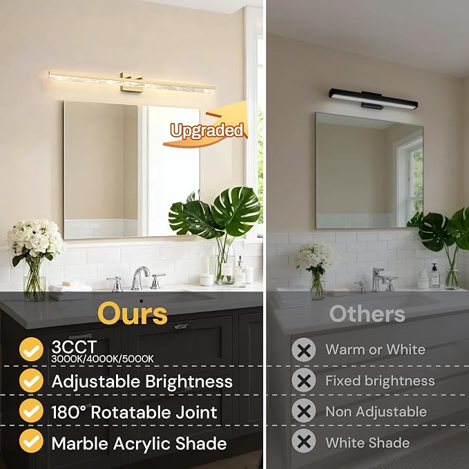L LOHAS LED 48 Inch Gold Vanity Light Bar Over Mirror Marble Acrylic 3CCT | Modern LED Vanity Light With Marble Acrylic Shade, Adjustable Bathroom Mirror Lighting for Bedroom and Living Room