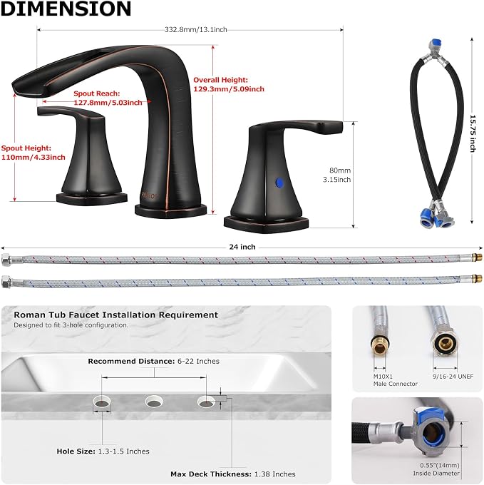 Waterfall 2 Handle Widespread Roman Tub Faucet Oil Rubbed Bronze | 3 Hole Deck Mount Bathtub Filler with Valve & Supply Lines