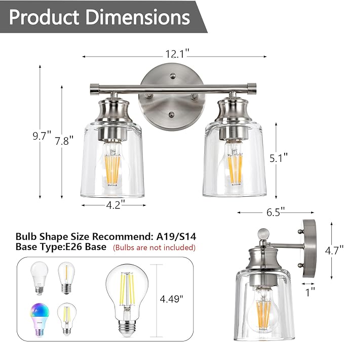 Bathroom Light Fixtures Over Mirror, 2 Lights Vanity Lights with Clear Glass Shade, 12.1" Brushed Nickel Farmhouse Bathroom Wall Light Fixtures for Bedroom, Hotel, Mirror Cabinet