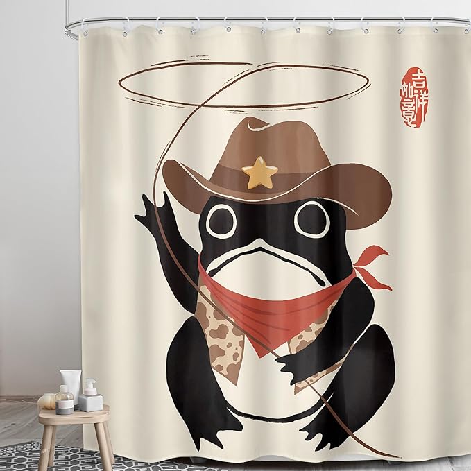 LGhtyro Funny Cowboy Frog Shower Curtain Bathroom Set 71Wx78H Inches Extra Long Western Rodeo Animal Hat Japanese Art Asian Traditional Bath Accessories Cute Art Home Decor Fabric 12 Pack Hooks
