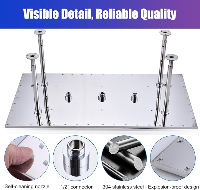 Dual Functions Luxury High Pressure Rain Shower Head, 16"x32" Large Ceiling Full Body Shower Head with Silicone Nozzles Rectangle Mist Showerhead, Modern Chrome Finish