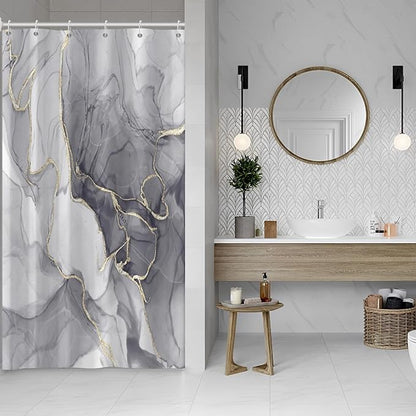 Grey Shower Curtain, Ombre Light Grey Marble Shower Curtain Set Modern Aesthetic Gray Ink Texture Waterproof Bathroom Curtain with Hooks, 54x72 Inch