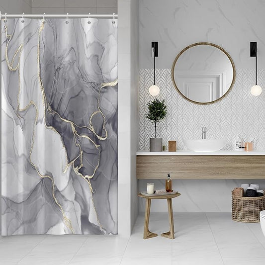 Grey Shower Curtain, Ombre Light Grey Marble Shower Curtain Set Modern Aesthetic Gray Ink Texture Waterproof Bathroom Curtain with Hooks, 54x72 Inch