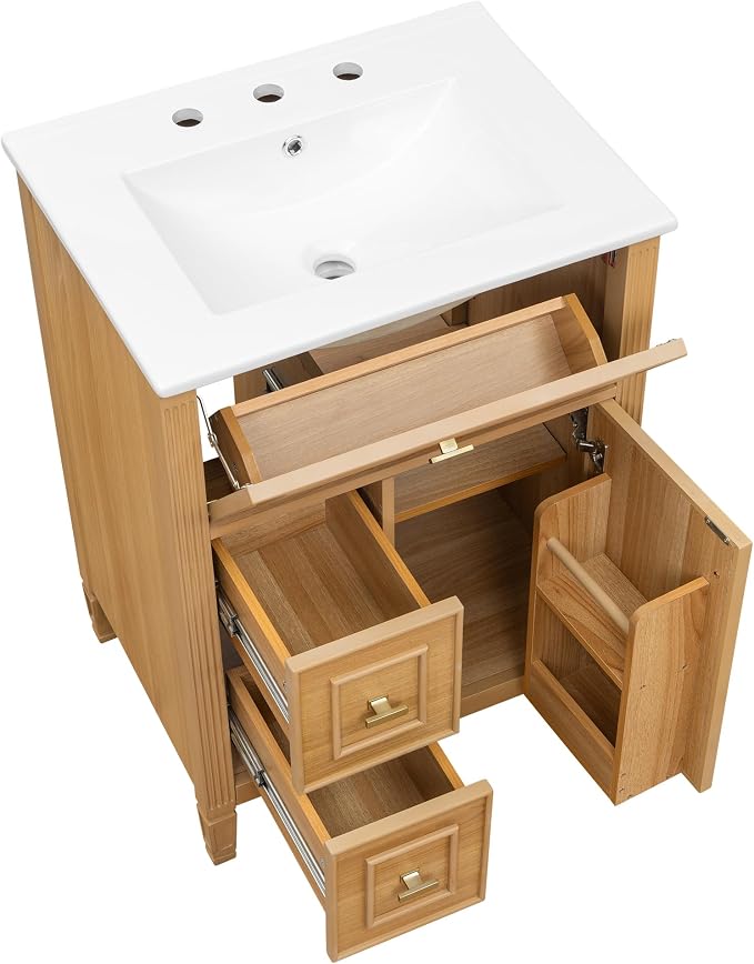 24" Modern Bathroom Vanity with Ceramic Sink, Solid Wood Frame Freestanding Storage Cabinet w/2 Drawers & Tilt-Out Drawer, Door Rack & Adjustable Shelf, Golden Metal Handles, Wood