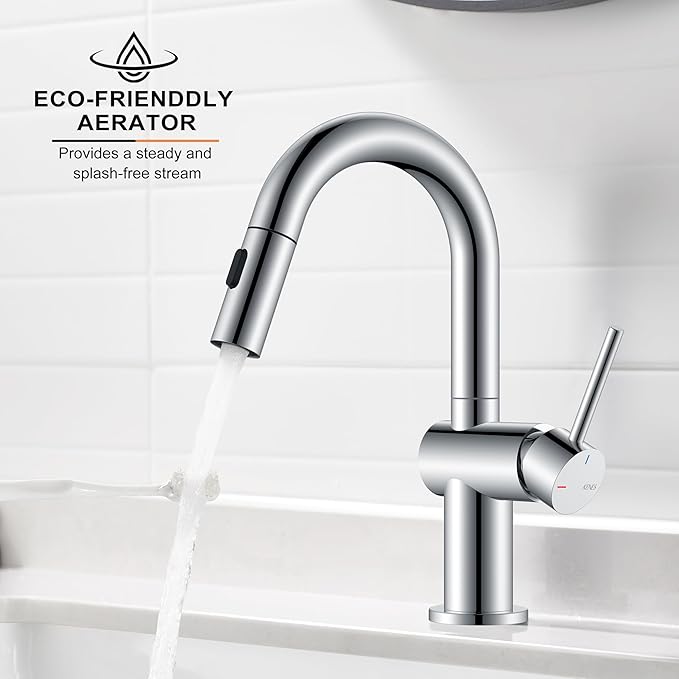 KENES Pull Out Bathroom Sink Faucet, Polished Chrome Single Handle Bathroom Faucet with Pull Down Sprayer, Vanity Bar Faucet with Pop Up Drain & Deck Plate, KE-9065B-5