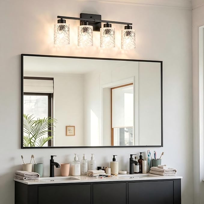 4-Light Bathroom Light Fixtures, Black Vanity Lights Over Mirror | Wall Sconces with Clear Textured Glass Shades for Living Room Bedroom Hallway,E26 Base (Bulbs Not Included)