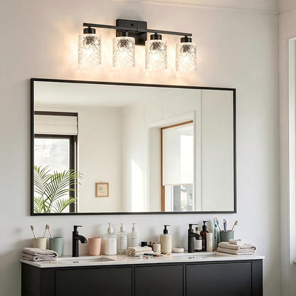 4-Light Bathroom Light Fixtures, Black Vanity Lights Over Mirror | Wall Sconces with Clear Textured Glass Shades for Living Room Bedroom Hallway,E26 Base (Bulbs Not Included)