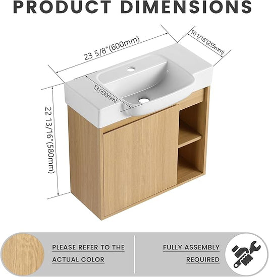 24 Inch Floating Vanity,24" Bathroom Vanity with Sink Combo,Modern Single Sink Bathroom Vanity Combo,Oak Wall Mounted Cabinet Set
