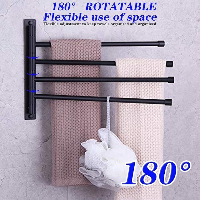 GERZWY Swivel Towel Bar SUS 304 Stainless Steel 4-Arm Bathroom Swing Hanger Towel Rack Holder Storage Organizer Space Saving Wall Mount Matte Black HYG04-BK