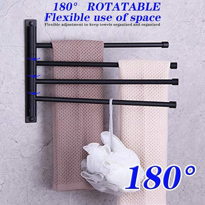 GERZWY Swivel Towel Bar SUS 304 Stainless Steel 4-Arm Bathroom Swing Hanger Towel Rack Holder Storage Organizer Space Saving Wall Mount Matte Black HYG04-BK
