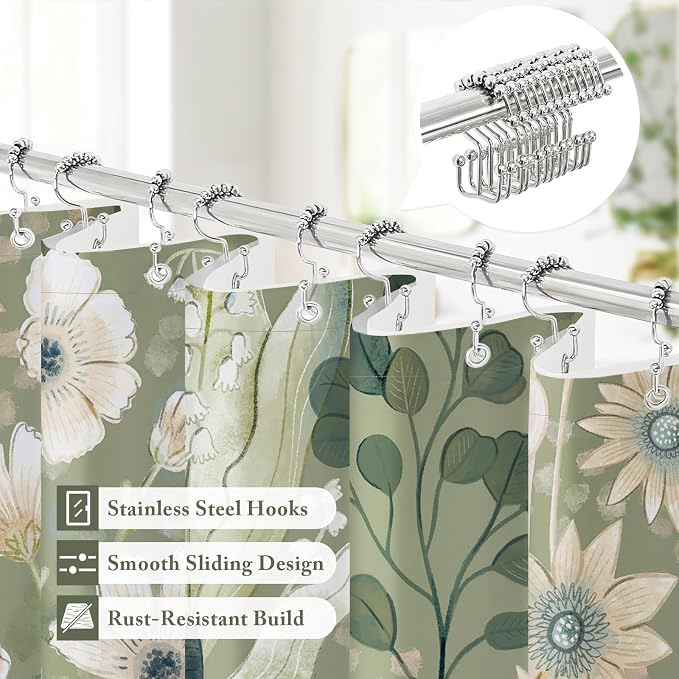 3 in 1 Green Floral Shower Curtain Set with PEVA Liner & 12 Hooks, 72 x 78 | Boho Tropical Botanical Style, Farmhouse Floral Fabric, Modern Hotel Inspired, Water‑Repellent, Machine Washable