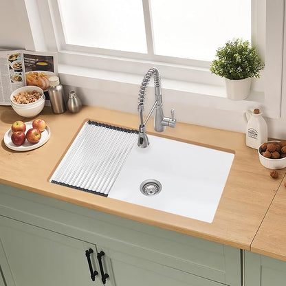 33 Inch White Undermount Kitchen Sink | 33x19 Granite Composite Kitchen Sink Quartz Undermount Single Bowl Deep Kitchen Sink with Countertop Squeegee Brush Combo