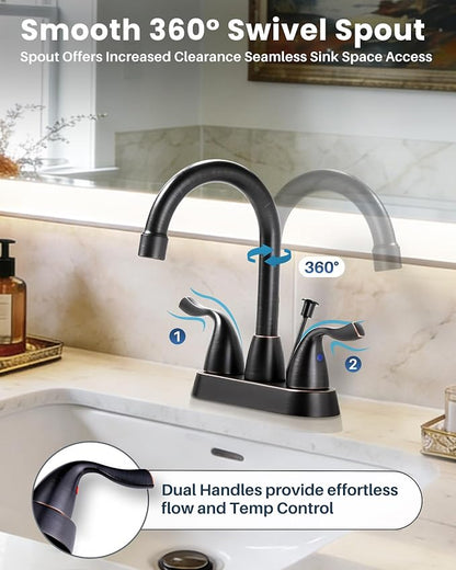 ARCORA Oil Rubbed Bronze Bathroom Faucet, 4 Inch Centerset Bathroom Faucet | Lead-Free Vanity Faucet with 360° Swivel Spout, 2 Handles Centerset Lavatory RV Faucet with Lift Rod Drain and Supply Lines