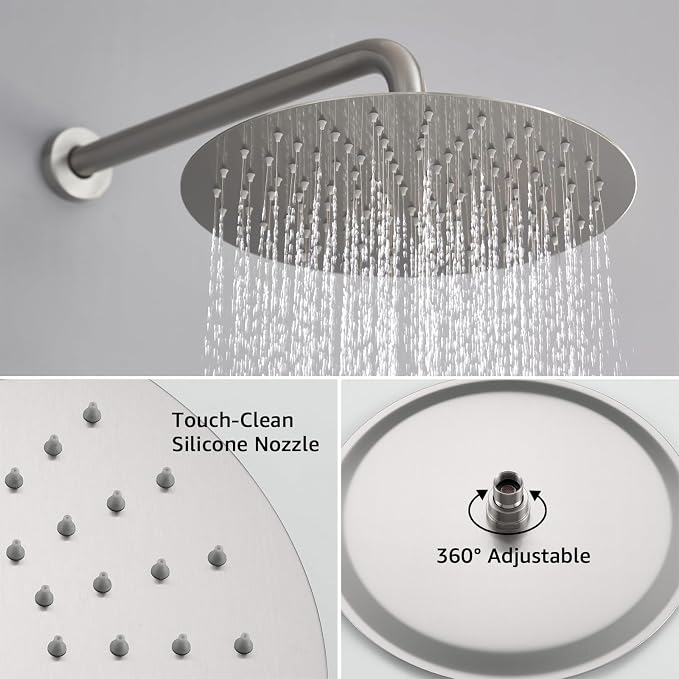 Iriber Brushed Nickel Round Rain Shower System with 4 PCS Body Jets 3 Function Shower Faucet Set Contain 12 Inch Shower Head and Handheld Wall Mounted Pressure Balance Shower Trim Kit (Valve Included)