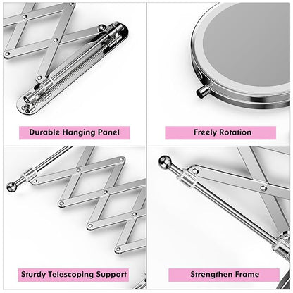 Rechargeable Wall Mounted Makeup Mirror - 8 Inch Double Sided 1X/20X Magnifying Mirror with 3 Color Lights Dimmable Touch Screen, 360°Swivel 19.6 Inch Extendable Accordion Bathroom Mirror