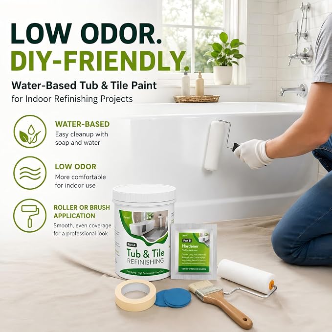 35 oz White Tub and Tile Paint, Semi-Gloss Refinishing Kit | Includes 8 Tools for Refinishing Tubs, Sinks and Tiles. Covers up to 60 Sq Ft with a Low Odor Formula.