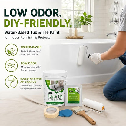 35 oz White Tub and Tile Paint, Semi-Gloss Refinishing Kit | Includes 8 Tools for Refinishing Tubs, Sinks and Tiles. Covers up to 60 Sq Ft with a Low Odor Formula.