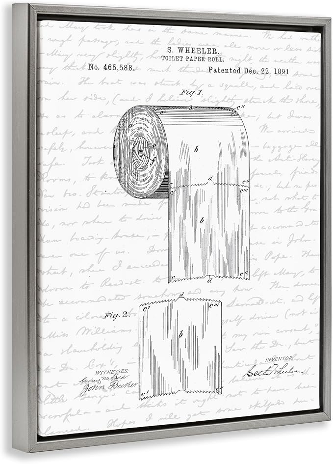 Vintage Patent Bathroom, 24 x 30 Inch Canvas in Floater Frame | Stupell Industries · By Lettered and Lined · Ready to hang · Great for bath and laundry decor · Made in USA