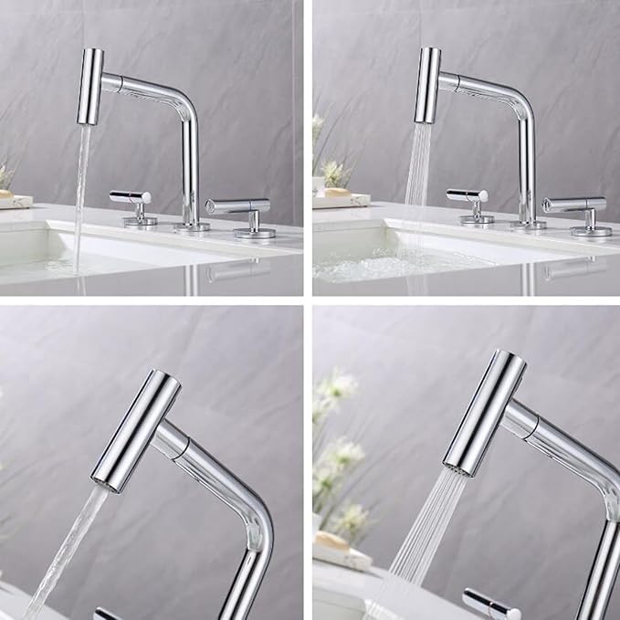 3 Hole Basin Faucets Pull Out Basin Mixer Faucet Bathroom Mixer Faucet Double Handle 2 Mode Brass-Chrome Plated