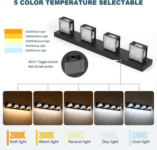 Joossnwell Black Vanity Light for Bathroom (4-Light, 28-Inch) Crystal Bath Light Fixtures 5CCT Dimmable Modern Led Bathroom Light Over Mirror with 350°Rotatable Head