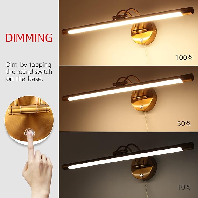 MantoLite 24'' Picture Lights for Wall,Vanity Lights for Bathroom,Plug-in or Hardwired,12W 3000K LED Dimmable Modern Bathroom Lighting Fixtures Over Mirror and Wall Lights for Bedroom(Brass)
