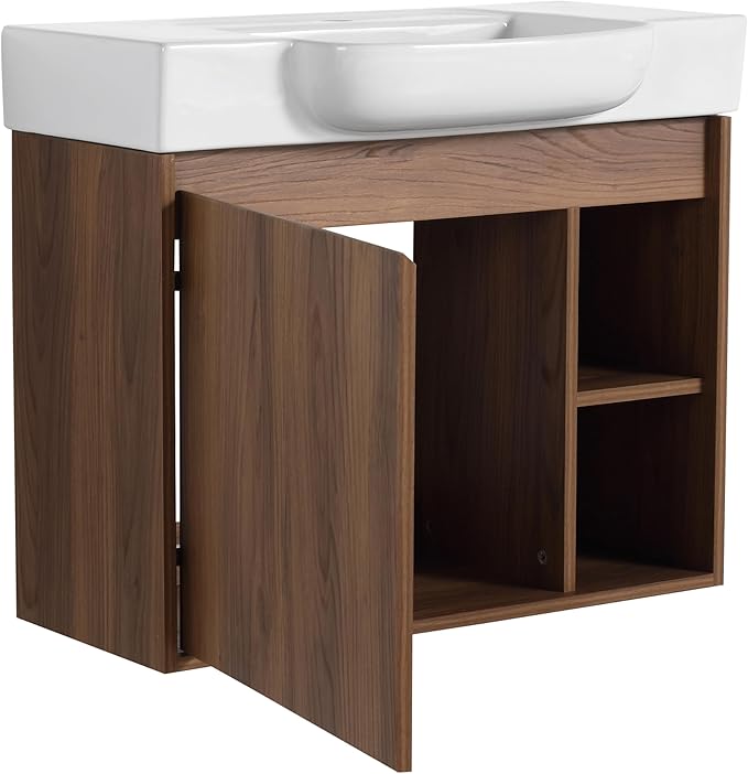 28" Floating Bathroom Vanity with Sink Combo,28 Inch Floating Vanity,Modern Single Sink Bathroom Vanity Combo,Brown Wall Mounted Cabinet Set