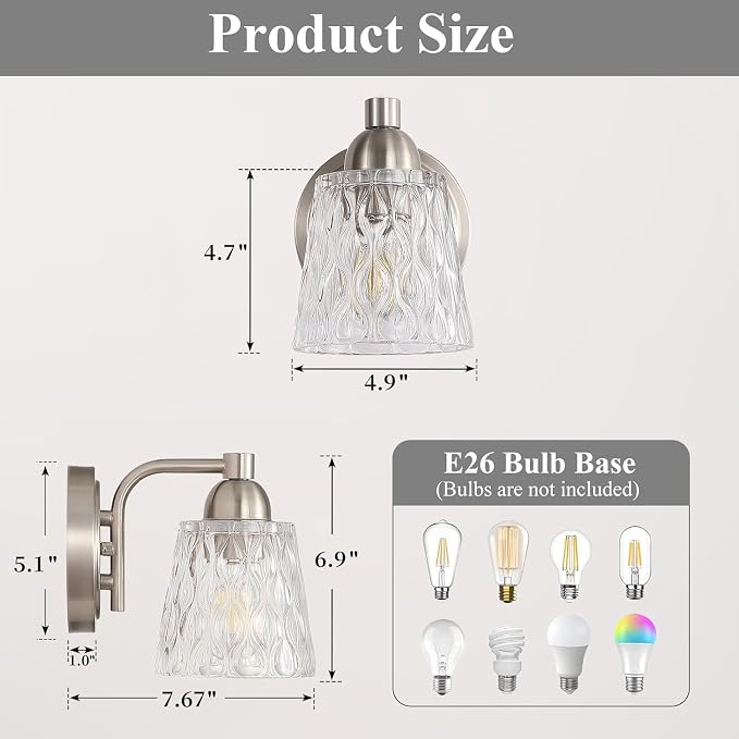 Mecgirn Stainless Steel Bathroom Vanity Light Over Mirror, 1 Light Brushed Nickel Bathroom Light Fixtures with Textured Glass Shades, Modern Vanity Lighting Wall Mount