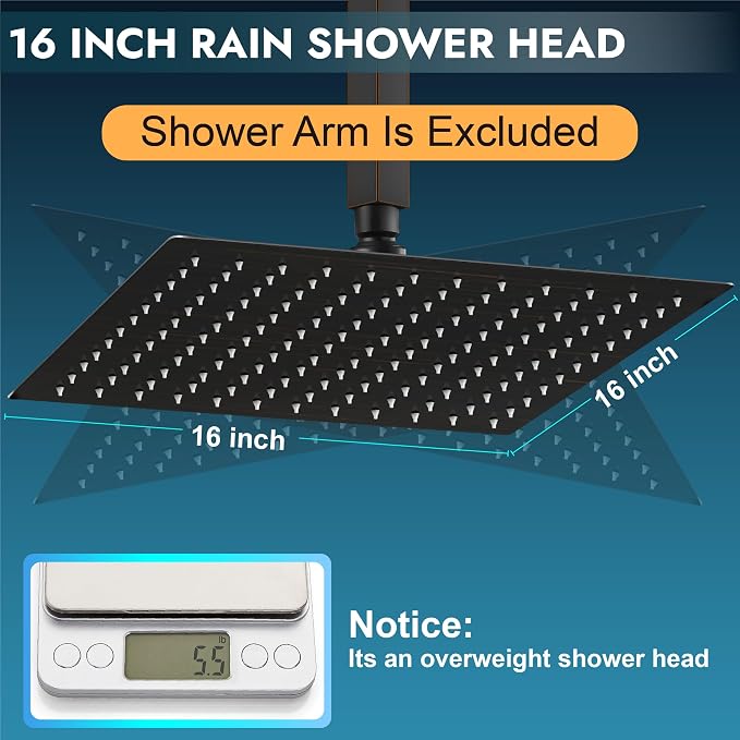 Midanya Square Rain Shower Head,High Pressure,Oil Rubbed Bronze 16 Inch | 360°Swivel,Ceiling or Wall Mount,Waterfall Full Body Coverage,Bathroom Remodel,Stainless Steel Large Rainfall Shower Head
