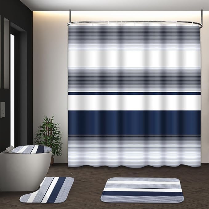 Bathroom Sets with Shower Curtain and Rug 4 Pcs Abstract Navy Blue | Striped Lines Modern Bathroom Decor Set with Toilet Lid Cover, Non-Slip Bath Mats and Accessories 12 Hooks