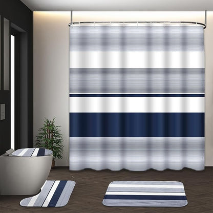 Bathroom Sets with Shower Curtain and Rug 4 Pcs Abstract Navy Blue | Striped Lines Modern Bathroom Decor Set with Toilet Lid Cover, Non-Slip Bath Mats and Accessories 12 Hooks