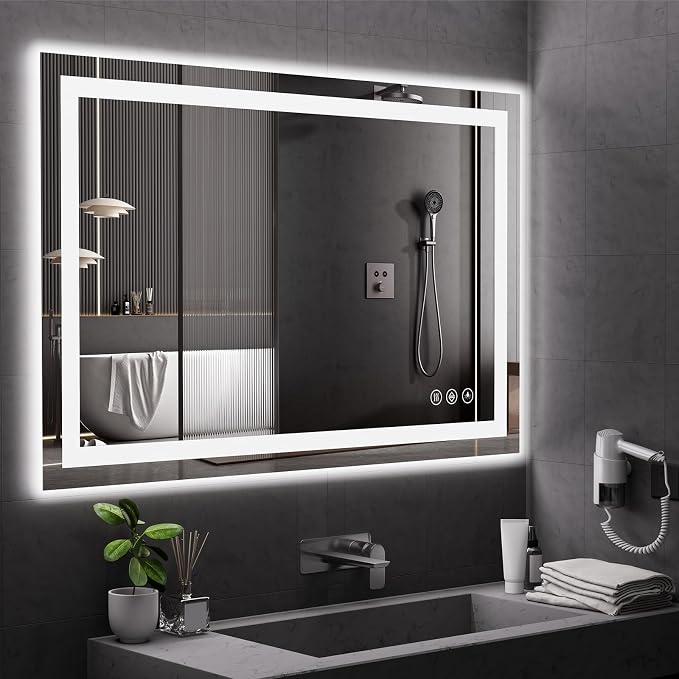 Koonmi 55x30 LED Bathroom Mirror with Light, Anti-Fog, 3 Colors | Backlit + Front Lit, Dimmable Brightness, Shatterproof HD Distortion-Free Tempered Glass, Hardware Included