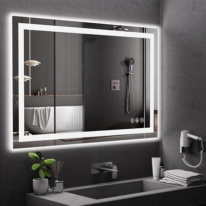 Koonmi 55x30 LED Bathroom Mirror with Light, Anti-Fog, 3 Colors | Backlit + Front Lit, Dimmable Brightness, Shatterproof HD Distortion-Free Tempered Glass, Hardware Included