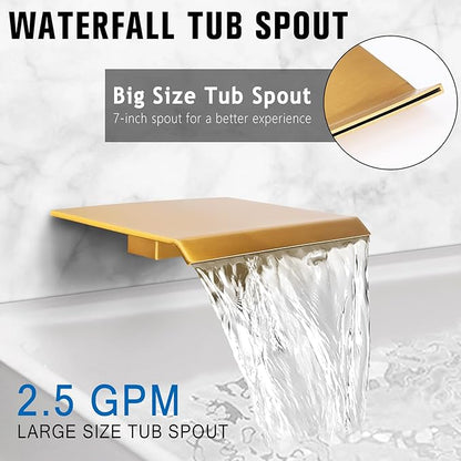 10 Inch Rainfall Shower System with Tub Spout - Wall Mounted Complete Combo with Solid Brass Pressure Balancing Valve, High Pressure Shower Head, Handle Set & Installation Accessories Brushed Gold