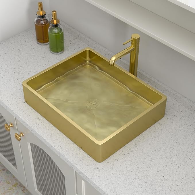 Logmey 19" Gold Shallow Bathroom Vessel Sink 19x15 Rectangle Handmade 16 Gauge Stainless Steel Above Counter RV Bathroom Sinks with Pop up Drain Set