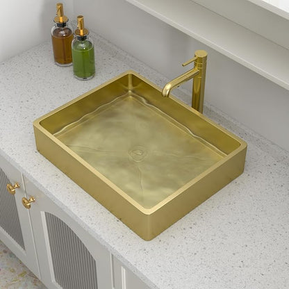 Logmey 19" Gold Shallow Bathroom Vessel Sink 19x15 Rectangle Handmade 16 Gauge Stainless Steel Above Counter RV Bathroom Sinks with Pop up Drain Set