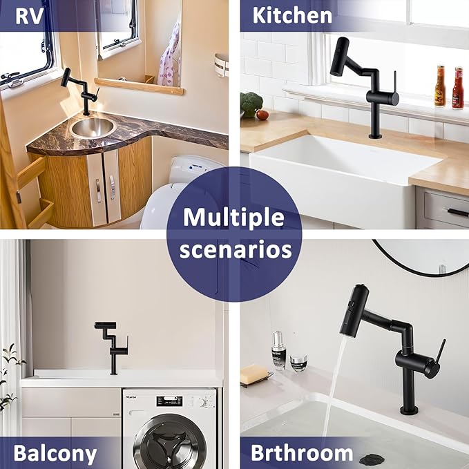 360°Rotatable Bathroom Faucet, 1 Hole Single Handle Bathroom Faucet, Bathroom Sink Faucet with 4 Water Outlet Modes for Kitchen Rv Bath Lavatory Sink, Matte Black