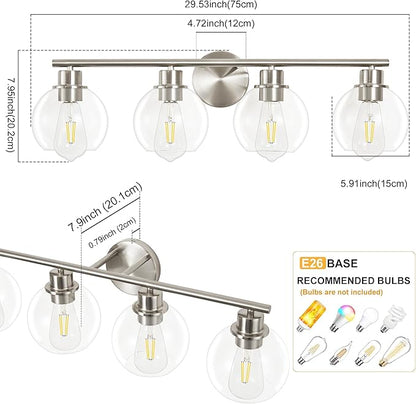 Bathroom Light Fixtures Over Mirror 4-Lights Bathroom Vanity Light with Clear Globe Glass Shade 29.5 inch Modern Brushed Nickel Vanity Lights Wall Sconce Lighting for Bath