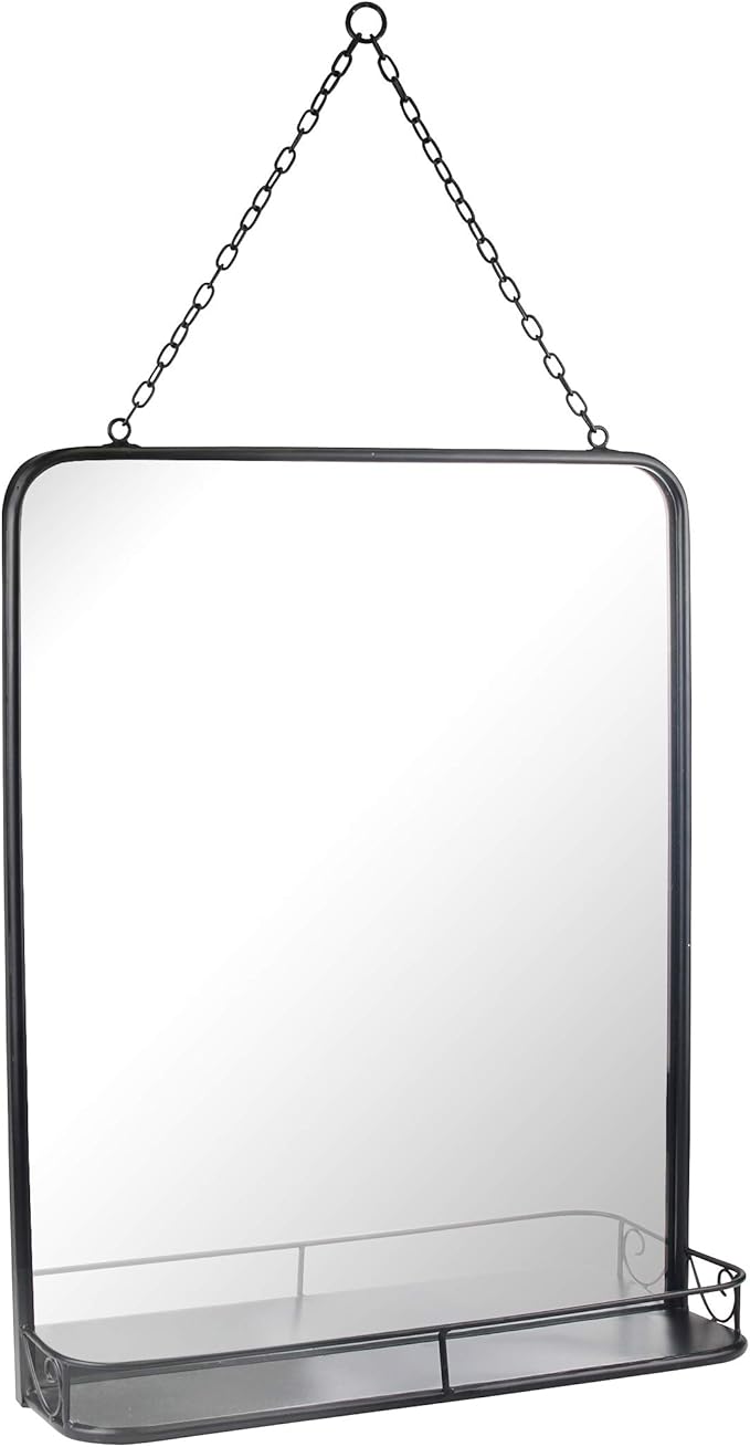 Stonebriar 21" x 16" Rectangle Black Metal Wall Mirror with Hanging Chain and Shelf, Decorative Industrial Decor for the Living Room, Bedroom, Bathroom, Hallway, and Entryway