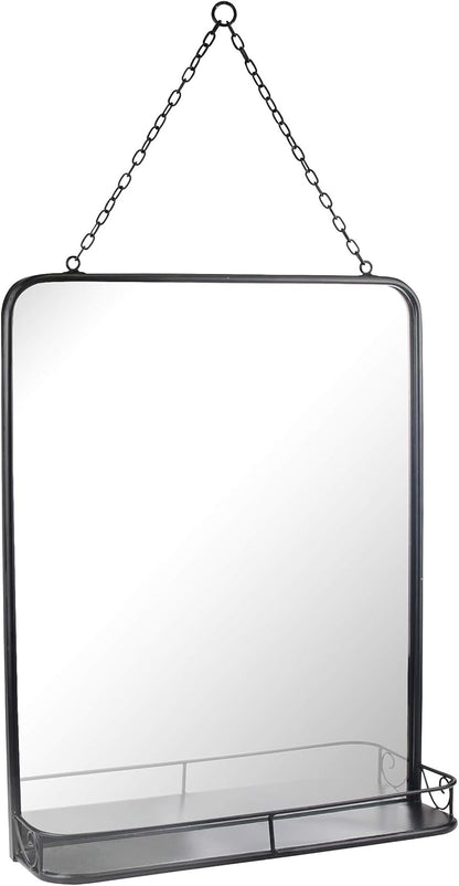Stonebriar 21" x 16" Rectangle Black Metal Wall Mirror with Hanging Chain and Shelf, Decorative Industrial Decor for the Living Room, Bedroom, Bathroom, Hallway, and Entryway