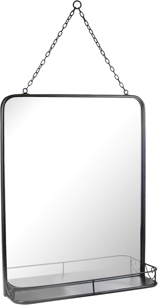 Stonebriar 21" x 16" Rectangle Black Metal Wall Mirror with Hanging Chain and Shelf, Decorative Industrial Decor for the Living Room, Bedroom, Bathroom, Hallway, and Entryway