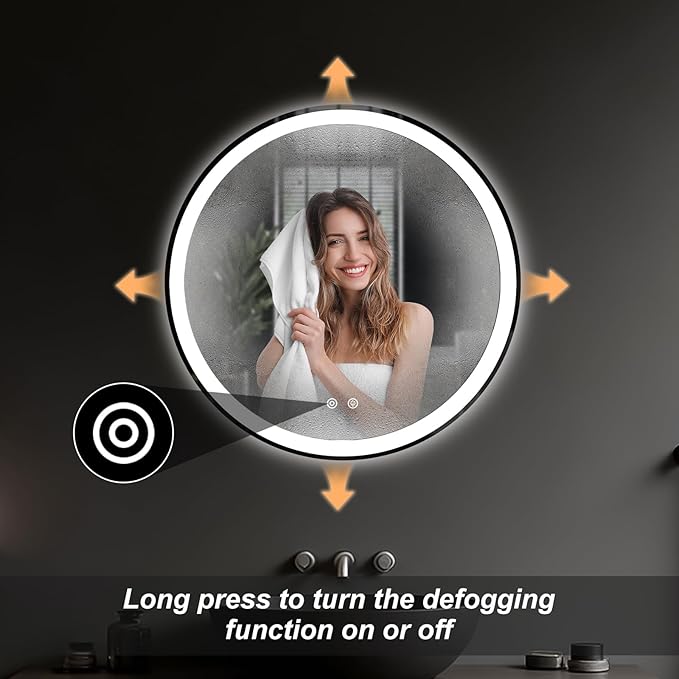 DUMOS 24 Inch Round LED Bathroom Mirror with Lights, Circle Vanity Mirror | Anti-Fog, Dimmable, 3-Color Light, Front Light and Backlit, Memory Function, Tempered Glass