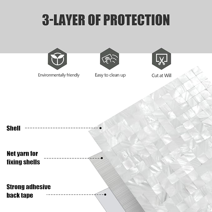 KASARO Peel and Stick Backsplash Shell Tiles, Mother of Pearl Mosaic Self Adhesive Tiles for Kitchen Wall Bathroom Bedroom Decor, White, 6-Sheet | Waterproof self-adhesive mosaic tiles with 6 sq ft coverage for kitchen backsplash, bathroom walls and ea...