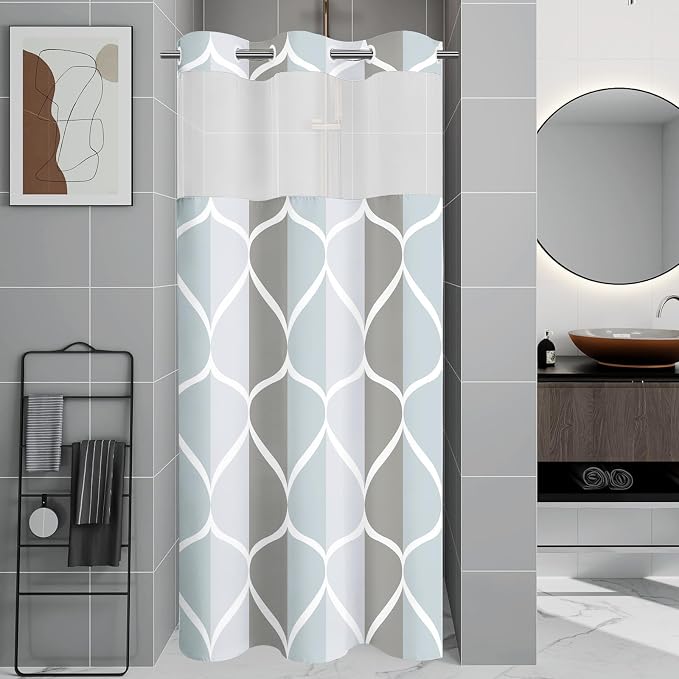 Gelbchu Gray No Hook Shower Curtain with Snap-in Liner, 36 x 74 Inch | Built-In Hooks, Mesh Top Window, Water-Repellent, Machine Washable, Quick Drying, Premium Polyester, Hotel Style, Modern