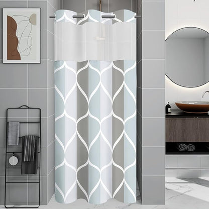 Gelbchu Gray No Hook Shower Curtain with Snap-in Liner, 36 x 74 Inch | Built-In Hooks, Mesh Top Window, Water-Repellent, Machine Washable, Quick Drying, Premium Polyester, Hotel Style, Modern