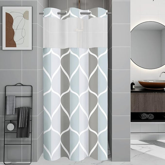 Gelbchu Gray No Hook Shower Curtain with Snap-in Liner, 36 x 74 Inch | Built-In Hooks, Mesh Top Window, Water-Repellent, Machine Washable, Quick Drying, Premium Polyester, Hotel Style, Modern
